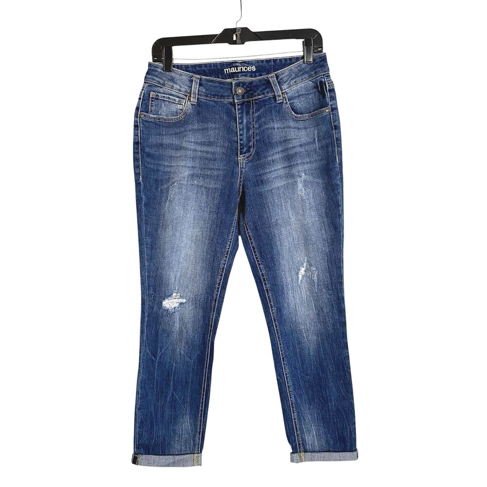 Maurices Crop Denim Jeans Womens 3 / 4 Distressed Mid Rise Stretch Medium Wash